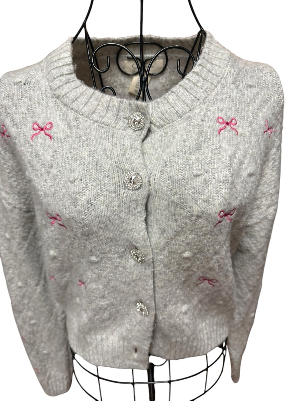 Jessica Simpson Cream Cardigan with Pink Bow Embroidery Small